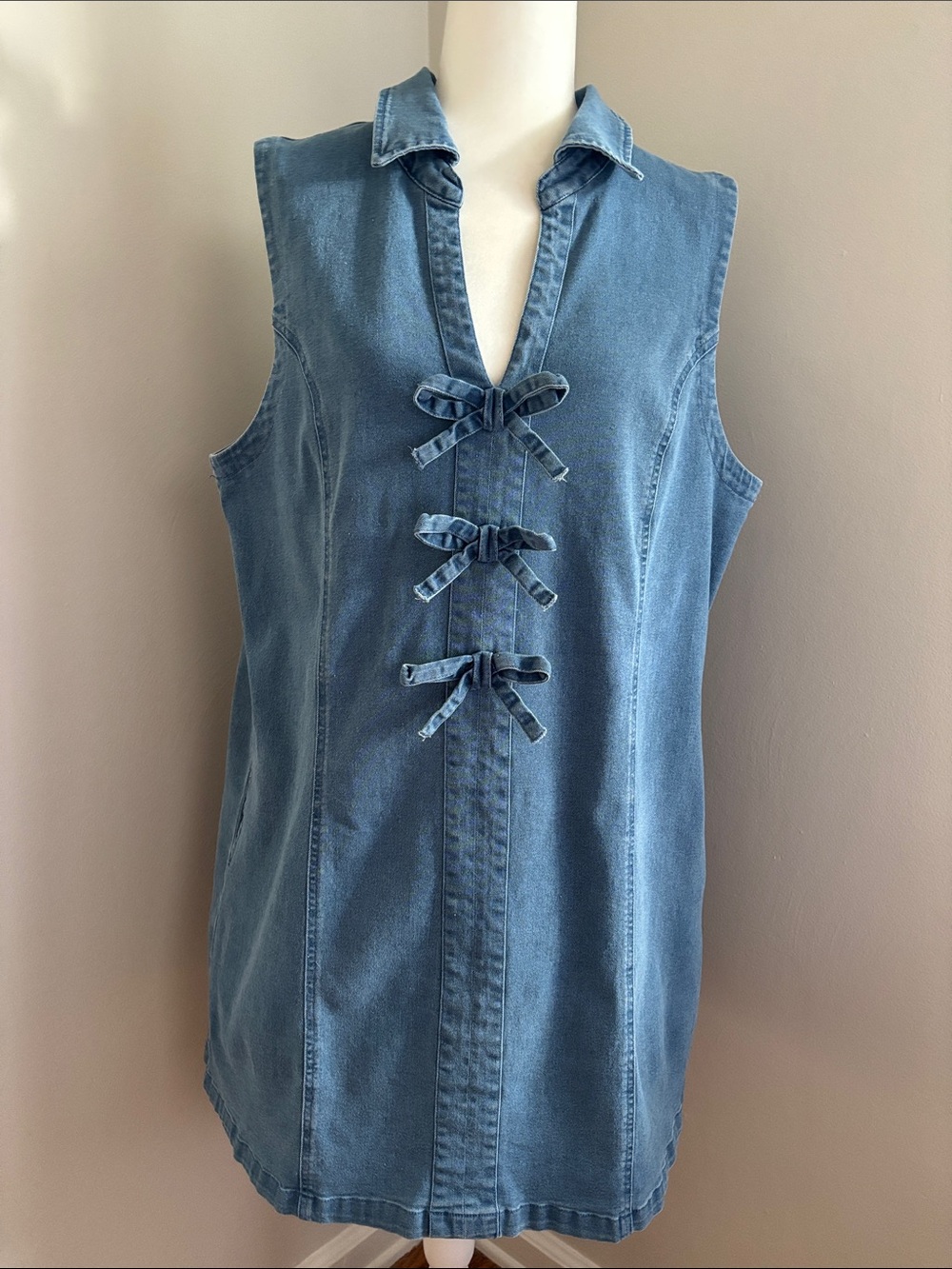 Denim Sleeveless Dress with Triple Front Bows